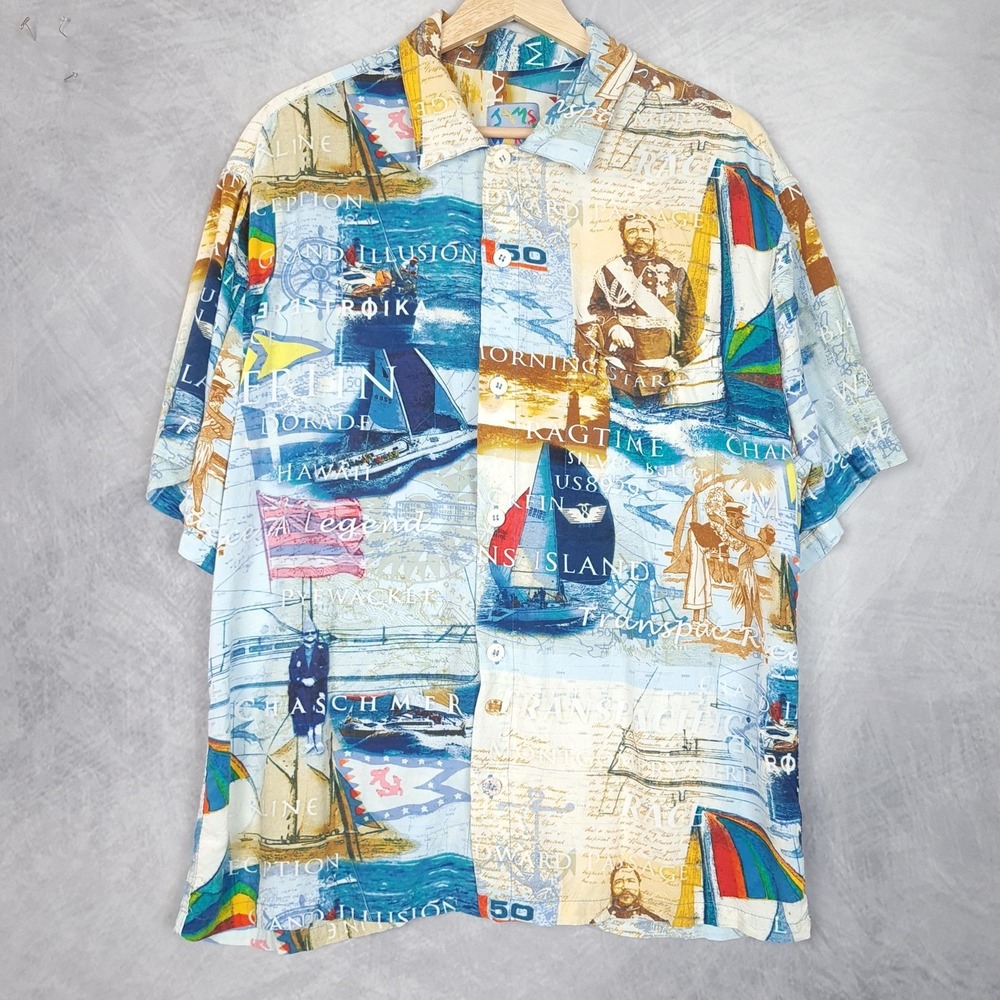 Jams World Shirt Mens Large Blue Nautical Sailing Hawaiian Aloha Transpac